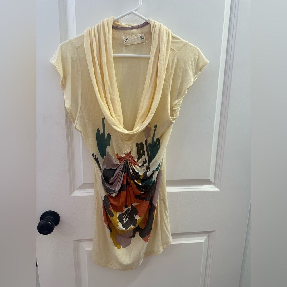Anthro Cowl Neck Tunic Top Medium Butter Yellow Draped Boho Floral EUC